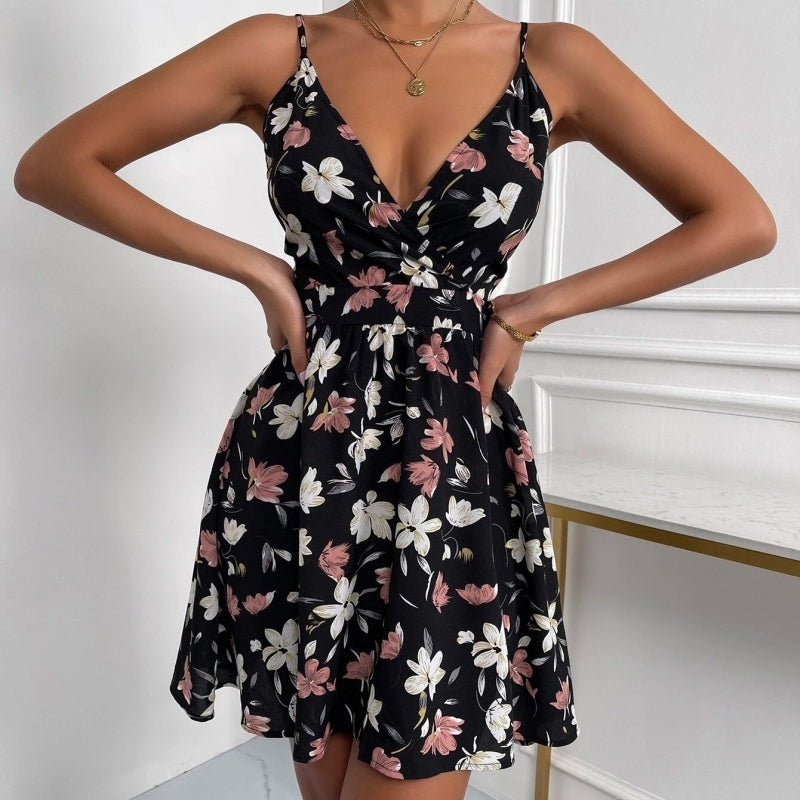 Women's Classic Floral Print Black Sleeveless Mini Dress | Ideal for Summer