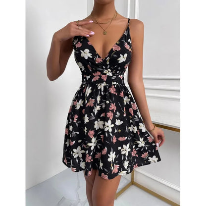 Women's Classic Floral Print Black Sleeveless Mini Dress | Ideal for Summer