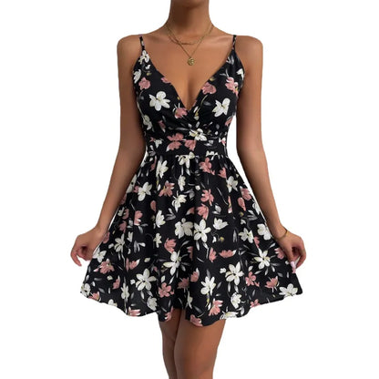 Women's Classic Floral Print Black Sleeveless Mini Dress | Ideal for Summer