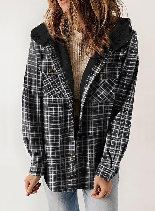 Grace - Warm Wool Jacket with Hood and Checkered Pattern for Women