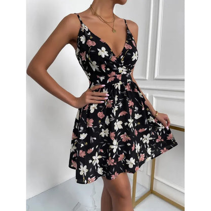 Women's Classic Floral Print Black Sleeveless Mini Dress | Ideal for Summer